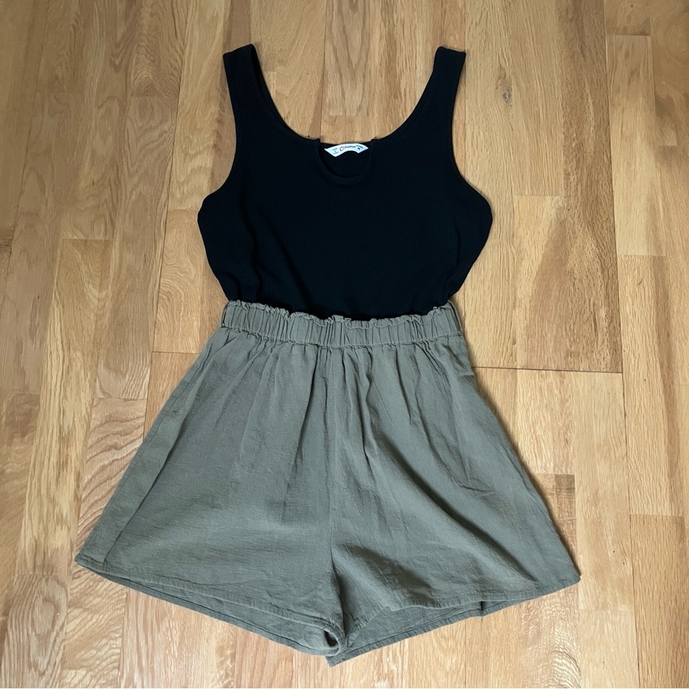 PatPat Black Ribbed and Olive Green Cotton Romper